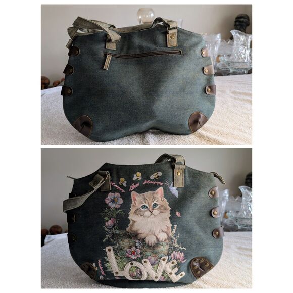 Far Nine Denim Cat Purse Tote Bag Floral Bee “LOVE” Studded Zipper - Picture 8 of 10